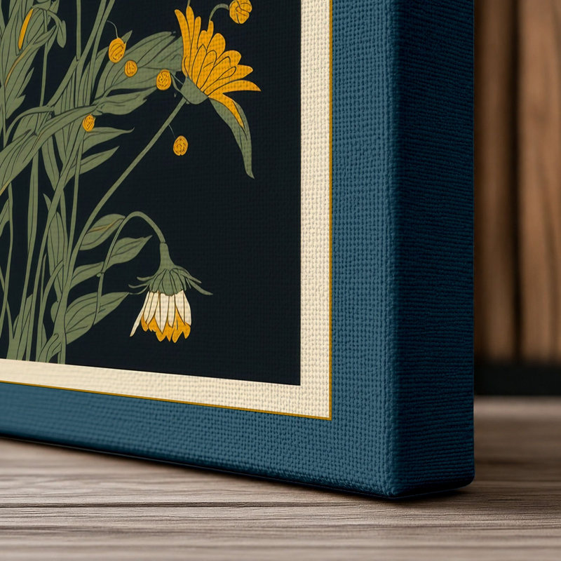 Yellow Blooms Study Botanical - Wrapped Canvas, 18x12 - 45.7 x 30.5 cm, Teal Border
