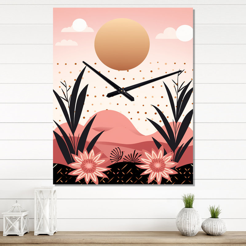 Paysage serein abstrait en pastel rétro I - Horloge murale moderne abstraite, H 32 po x l 16 po x P 1 po