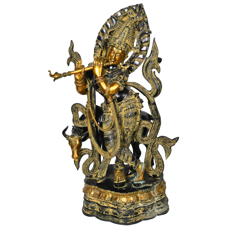 Statue en laiton 34 po Tribhanga Murari Krishna avec vache compagnon, Noir