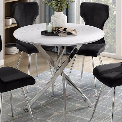 Table de salle à manger ronde ultra moderne avec plateau en faux marbre et pieds en métal chromé