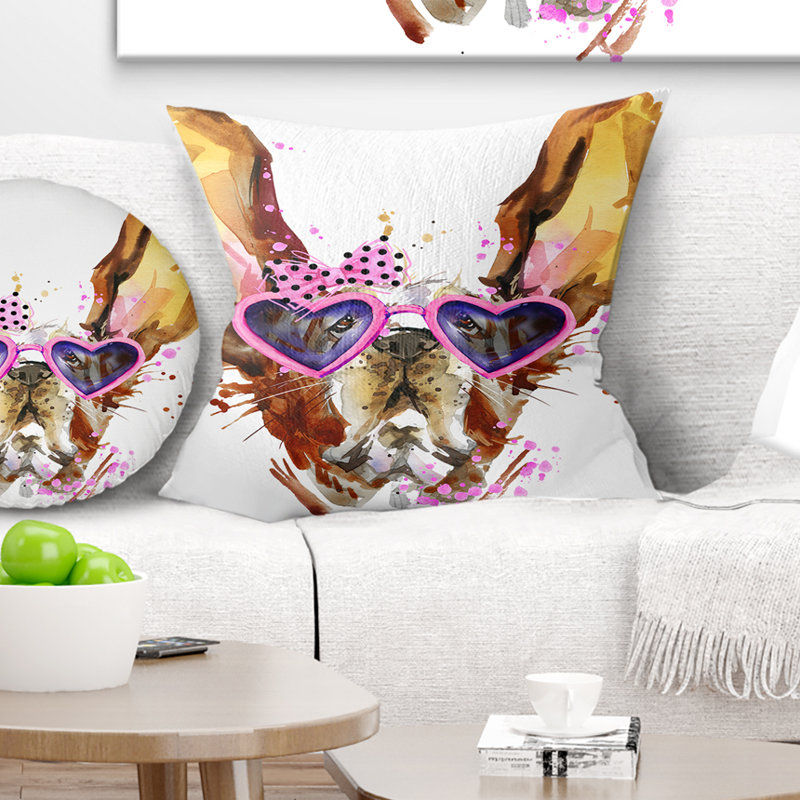 Chien brun mignon avec des lunettes en forme de cœur - coussin imprimé animal, 16 po x 1 po, Coussin décoratif