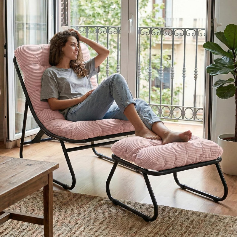 Chaise longue d'extérieur avec repose-pieds et coussins, Velours côtelé rose