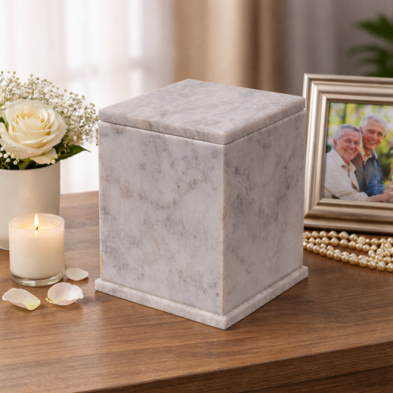 Urne de crémation en marbre naturel, design carré, gris et blanc