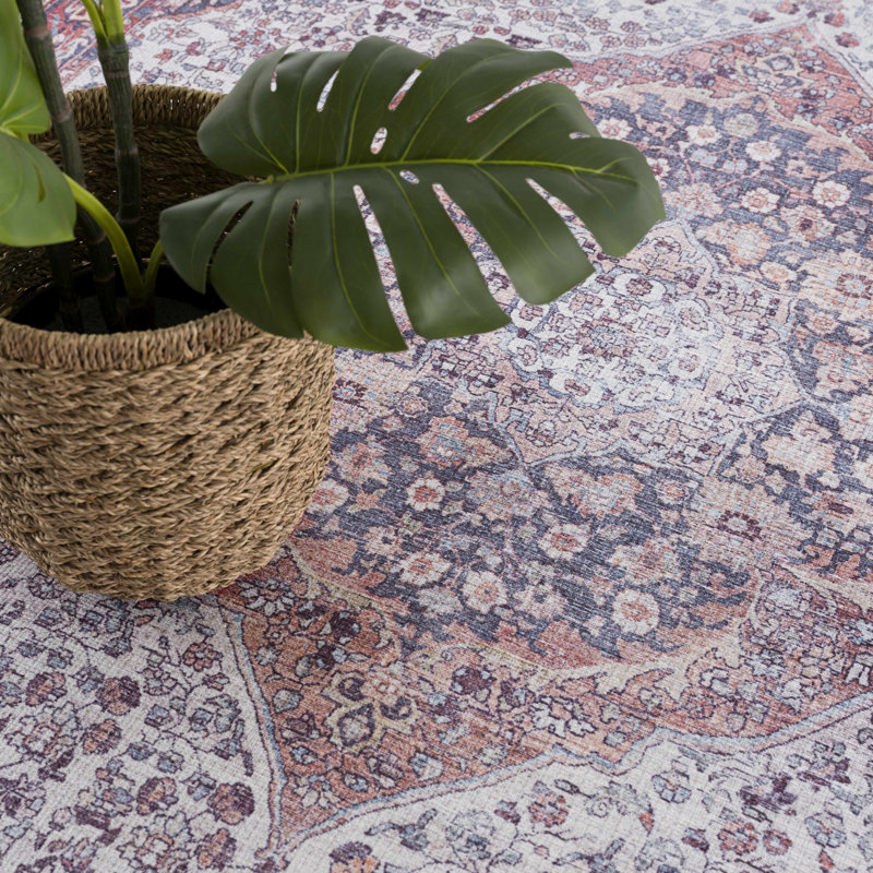 Tapis orange / bleu / mauve / beige lavable à la machine Cael, Rectangle 6 pi 7 po x 9 pi