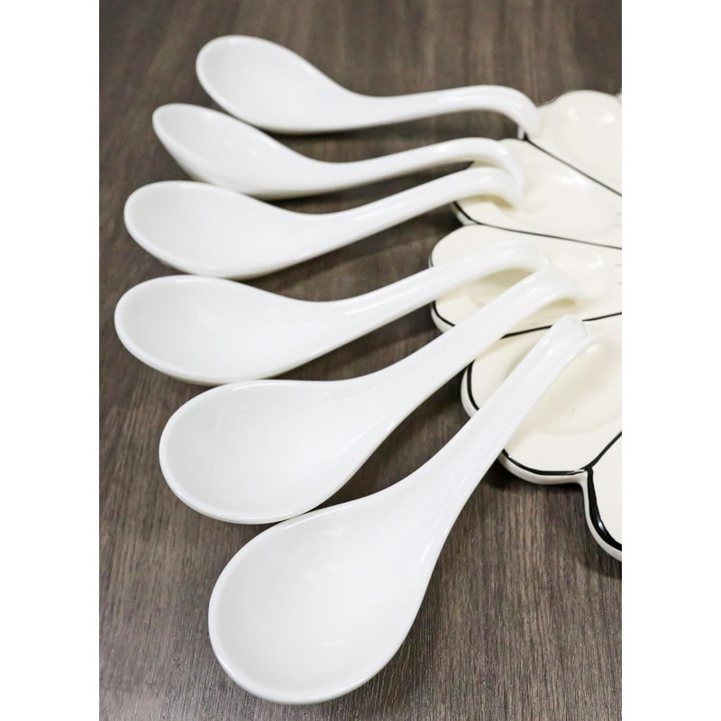 Ensemble de 6 cuillères à soupe asiatiques en mélamine avec louche Contemporary, Blanc