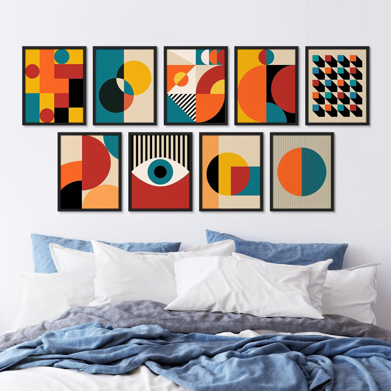 " Colorful Geometric Abstract Shapes Poster Mid Century Modern Wall Art Minimalist Decor " 9 - Pieces, Black Framed