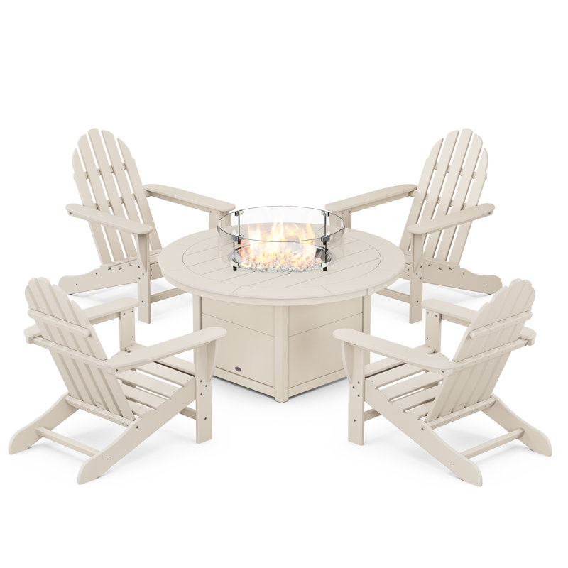 Classic Adirondack 5-Piece Conversation Set with Fire Pit Table, Sand