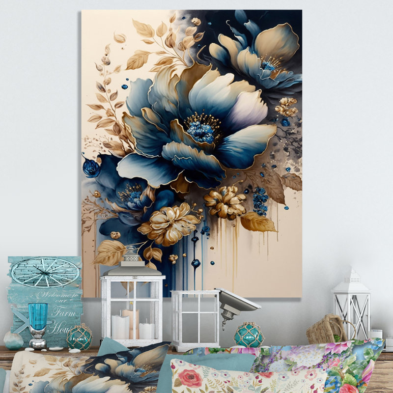 «Blue and Gold Floral Bunch III», art mural floral grand, H 32 po x l 24 po x P 1 po, Toile tendue