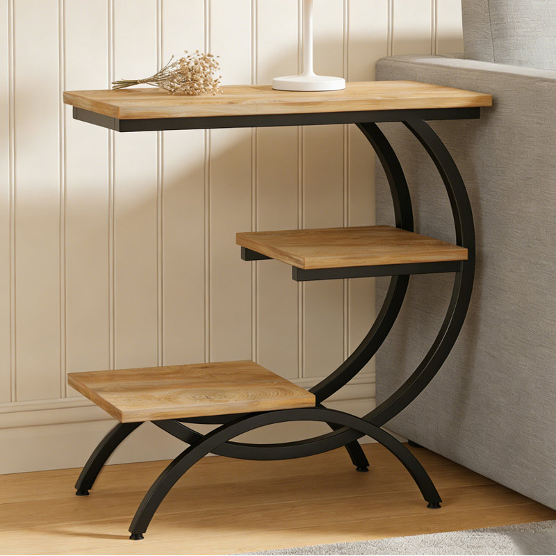 Table d'appoint industrielle à 3 niveaux en forme de C pour les petits espaces, Marron clair