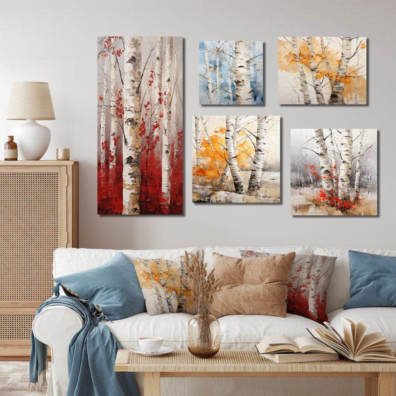 Bois de bouleau blanc et rouge en hiver V - ensemble de 5 impressions sur toile de bouleau, Cadre flottant noir