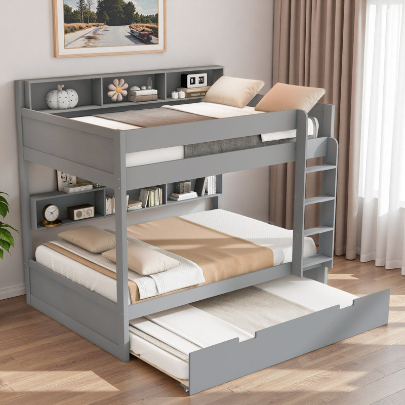 Lit superposé avec lit gigogne et rangement intégré, Gris, Simple sur simple