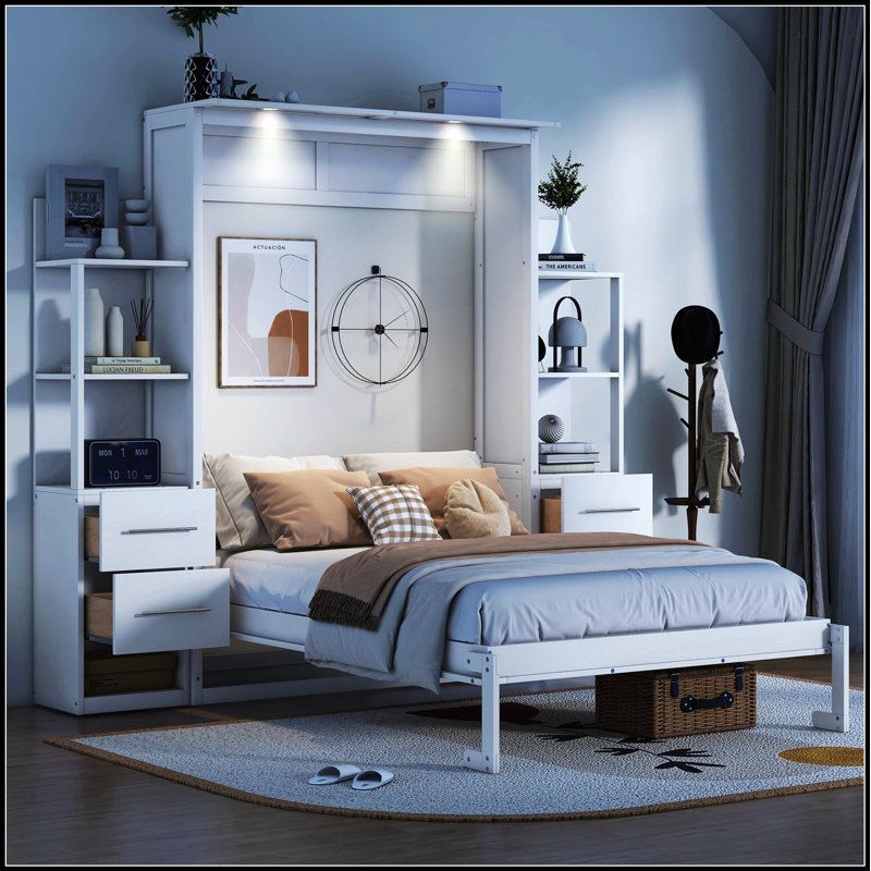 Lit escamotable peu encombrant avec tablettes, tiroirs et lumières DEL pour une vie moderne, Lit double, Blanc