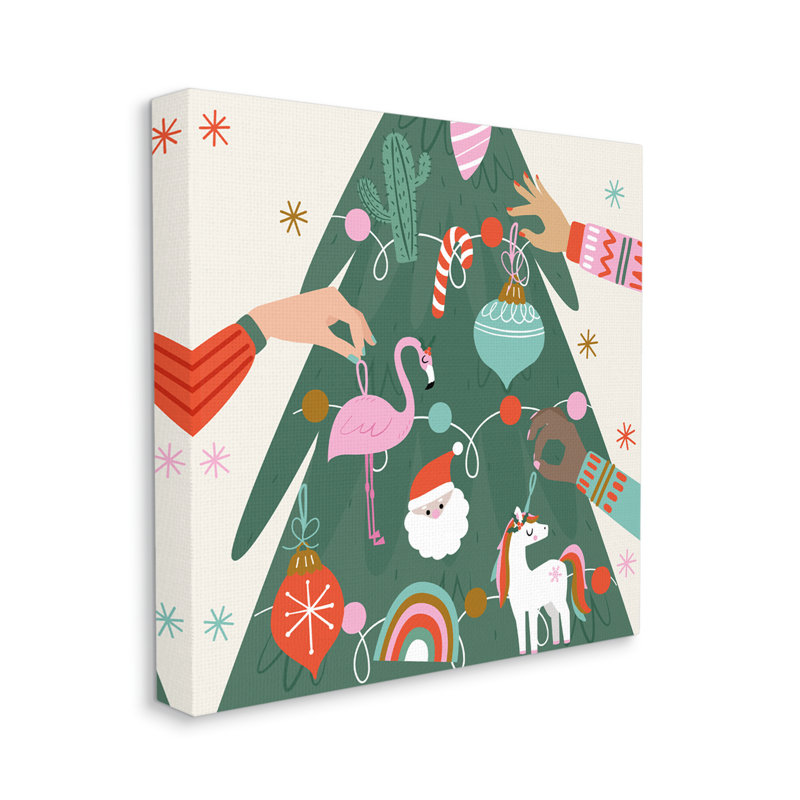 «People Decorating Christmas Tree», art texturé giclée noire par Angela Nickeas, H 30 po x l 30 po x P 1,5 po, Toile tendue