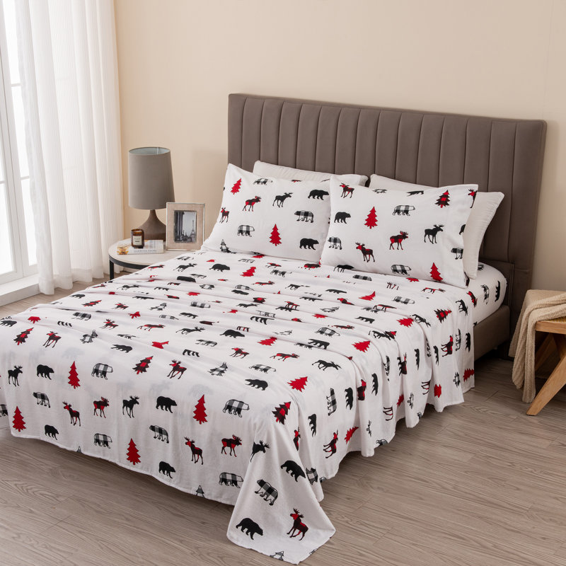 Gray Checkered Moose Cotton Flannel Queen Sheet Set