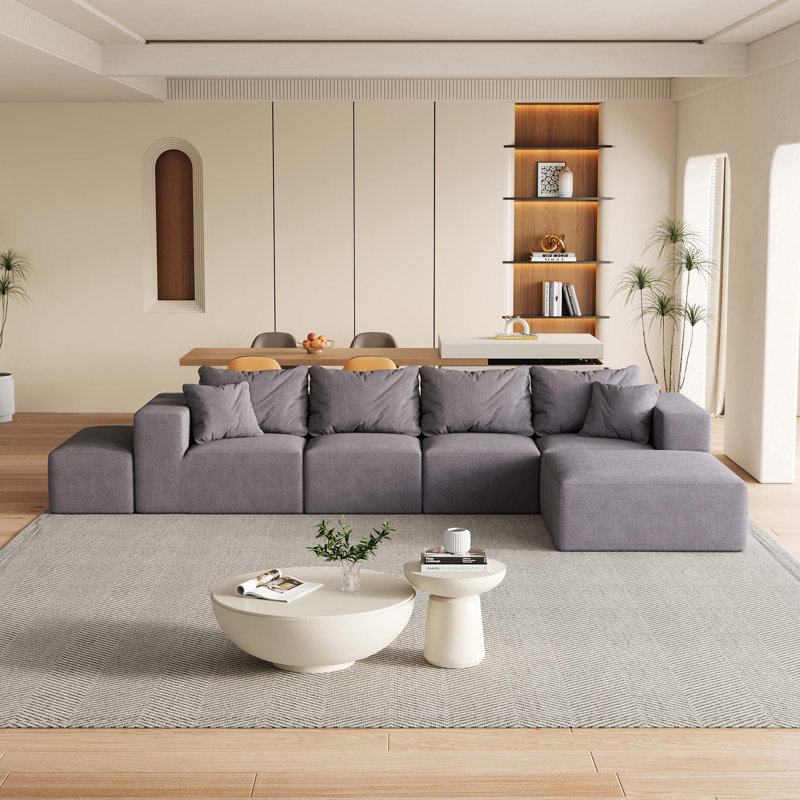 Boneless Modular 132" L Shaped Sectional Living Room Sofa Set With 6 Pillows, Grey Chenille