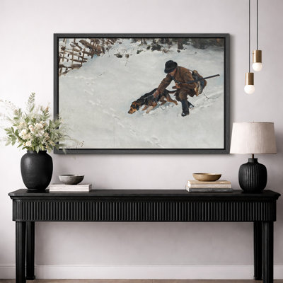 «Hunter with hound in Snowy Scene», reproduction d'art sur toile encadrée, impression de giclée sur toile