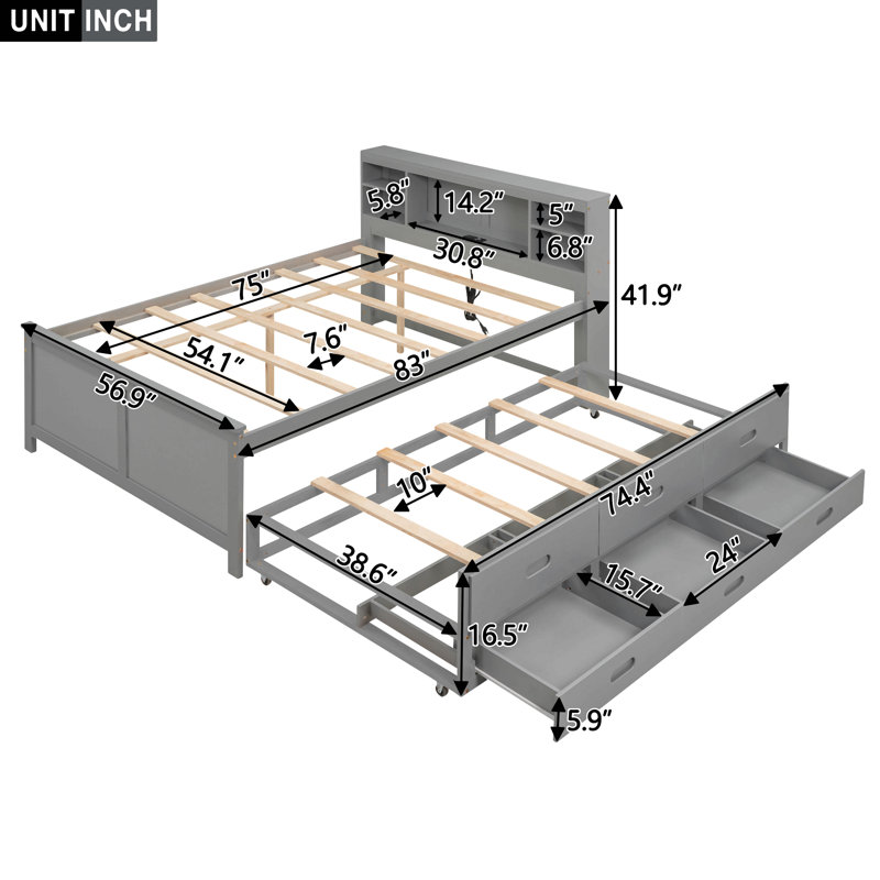 Lit plateforme double avec tête de lit à rangement, USB, lit gigogne simple et 3 tiroirs, Gris