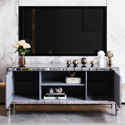 Meuble audio-vidéo 60 po avec miroir, portes en verre diamant écrasé, téléviseur de 65 po, table de rangement moderne polyvalente, compartiments personnalisables
