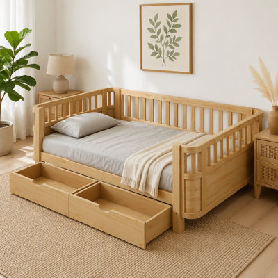 Lit plateforme simple en bois pour enfants, lit simple en bois à profil bas avec rails pour filles et garçons