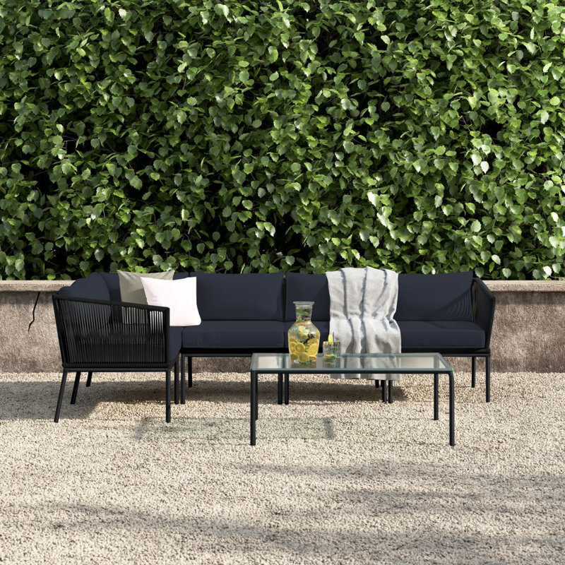 Ensemble de conversation modulaire en rotin 6 pièces avec coussins, Noir, noir, noir, noir, Noir
