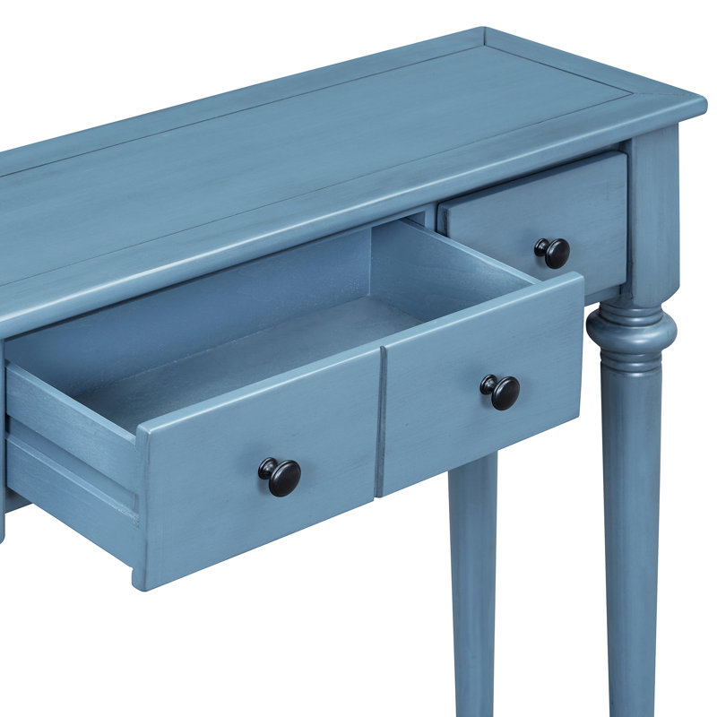Console Retro - Bleu marine. 4 tiroirs et tablette ouverte. Look rétro rustique avec finition pin. Fabriqué en pin. Ours de table 220 lb, tiroir 15 tablettes inférieures 33 lb Polyvalent pour les espaces de vie.