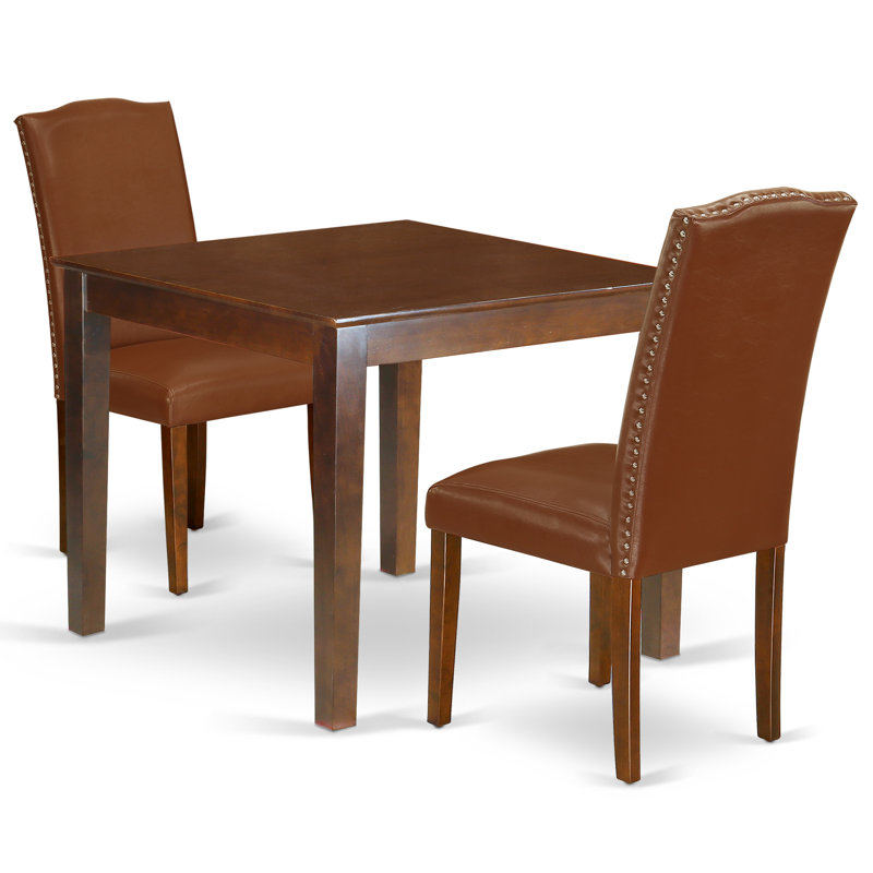 Ensemble de 3 tables de cuisine pour petits espaces comprenant une table de salle à manger carrée et 2 chaises en similicuir brun, acajou
