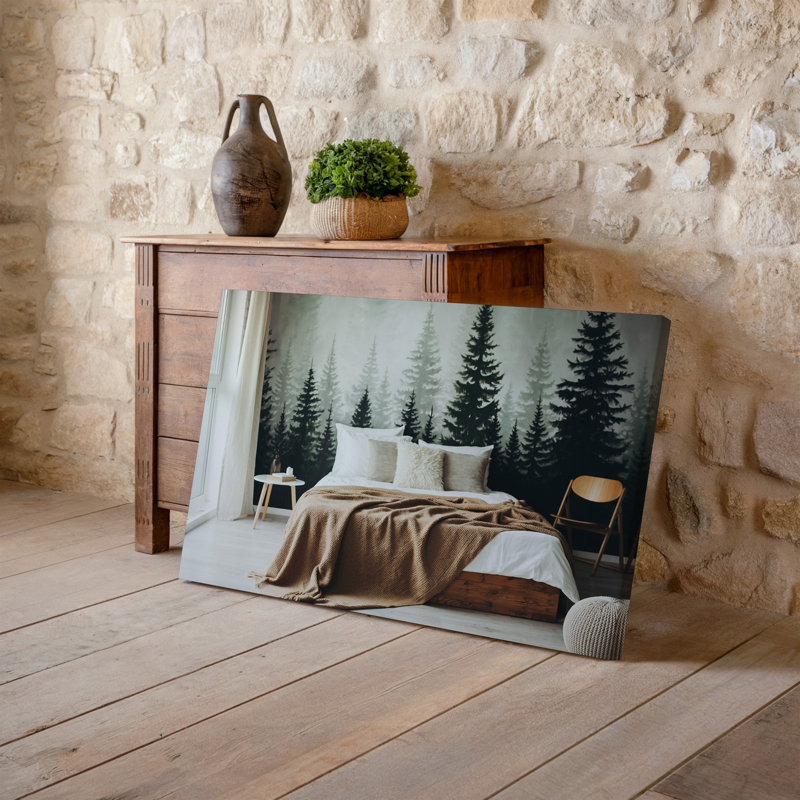Toile, une chambre à coucher scandinave douillette avec un grand lit orné de coussins blancs et beiges moelleux surmontés d'une toile tendue
