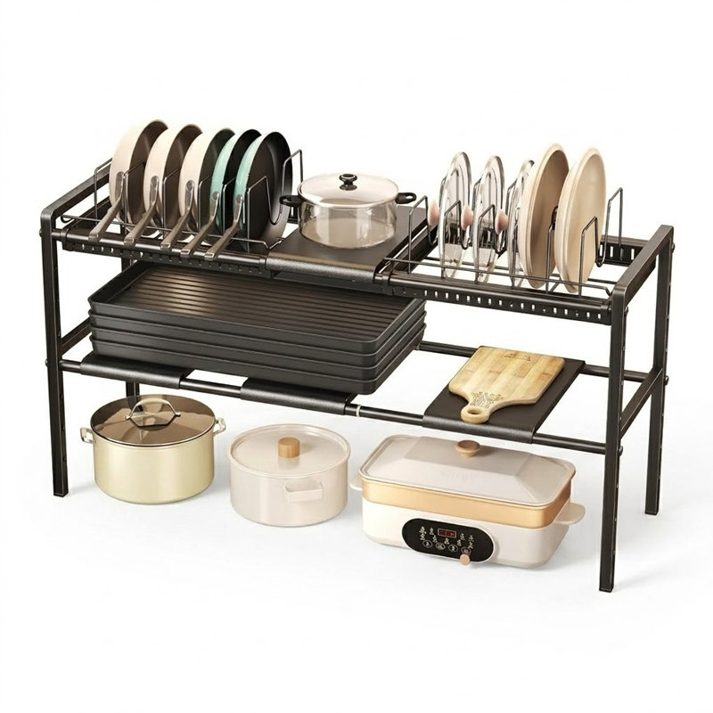 Organisateur de casseroles et de poêles extensible à 2 niveaux sous l'armoire, support à hauteur réglable avec 12 séparateurs pour couvercles, batterie de cuisine et rangement sous l'évier (noir)