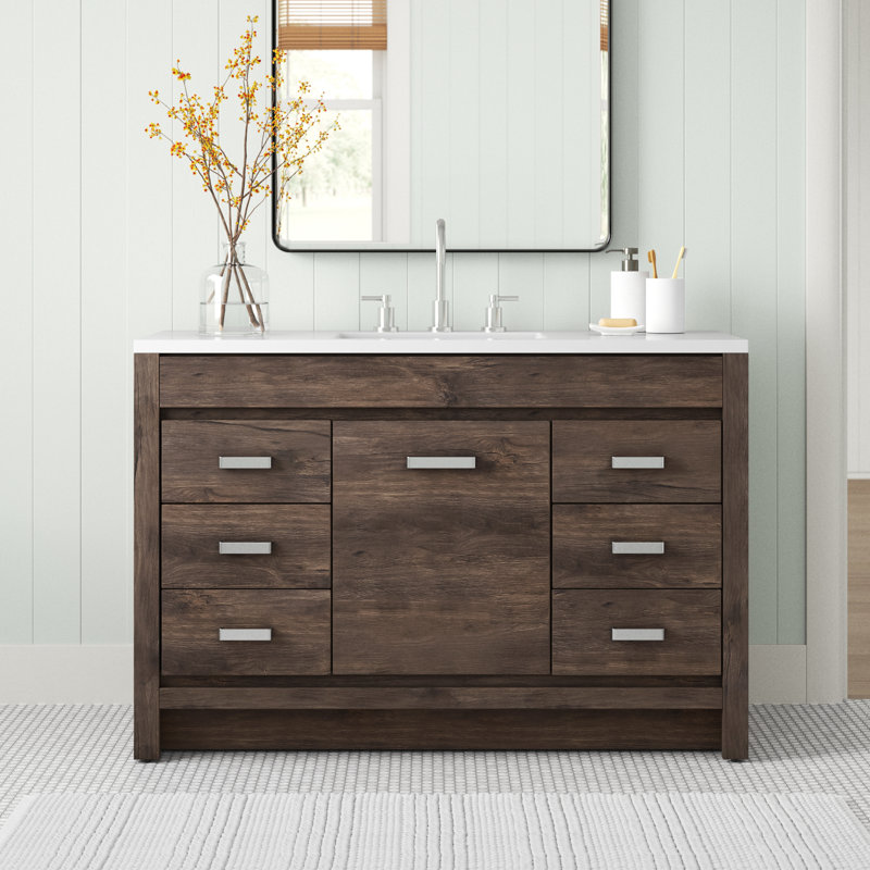 Meuble-lavabo simple 48,5 po avec plateau en marbre de culture, Chêne rétro