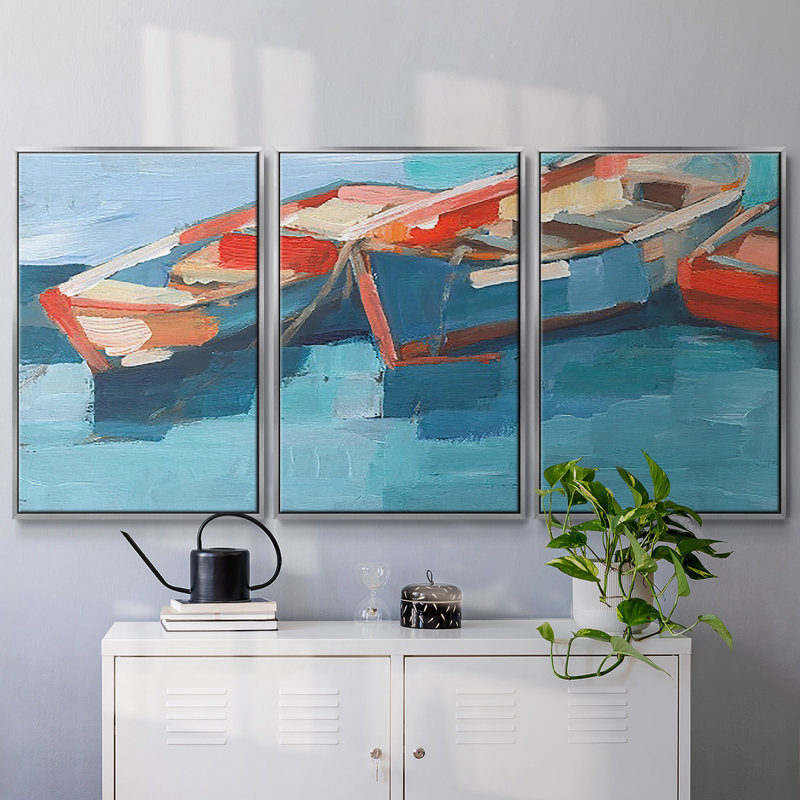 Primaire bateaux I - 3 pièces, reproduction encadrée sur toile, H 36 po x l 75 po x P 2 po, Argent