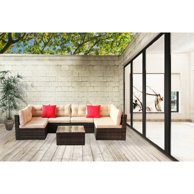 Patio Furniture Set PE Rattan Sectional Garden Furniture Corner Sofa Set (7 Pieces, Shallow Browncushion)