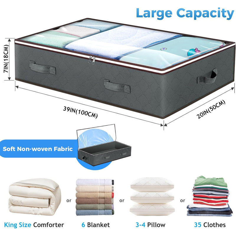 Contenants de rangement sous le lit 90L, organisateurs de placard et bacs de rangement, sacs de rangement sous le lit pliables pour draps en lin, couverture, vêtements, édredon, chandails, coussins, papier d'emballage, gris