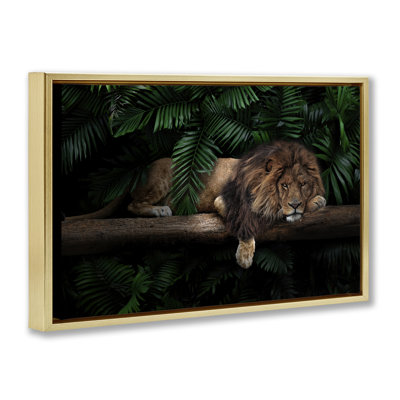 Lion on Tropical Branch Framed Floater Canvas by Reinders