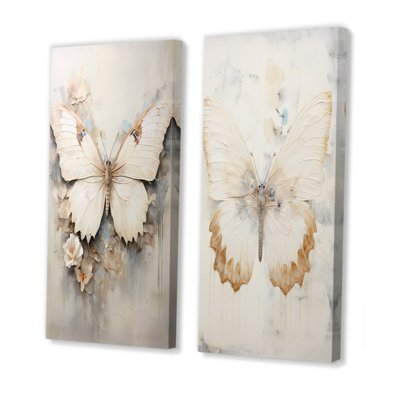 Minimalisme papillon beige - ensemble de 2 impressions sur toile papillon, H 28 po x l 25 po, Toile tendue