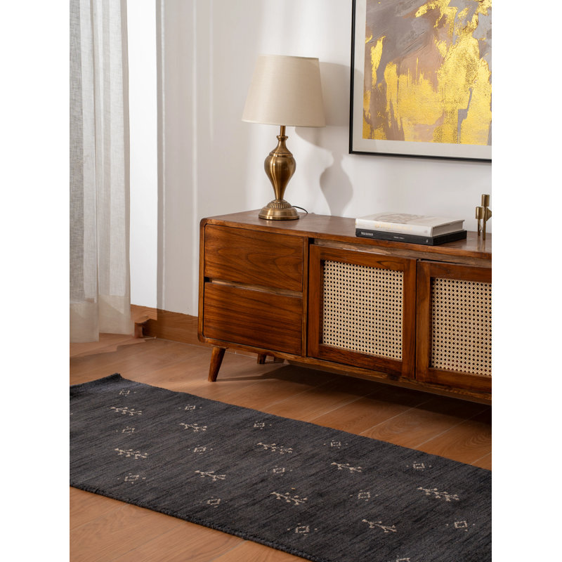 Tapis de couloir en laine noué à la main Anley - 2 pi 6 po x 8 pi, couloir de couleur blanc anthracite, design moderne contemporain, tapis épais antidérapants faits à la main pour salon, chambre à coucher