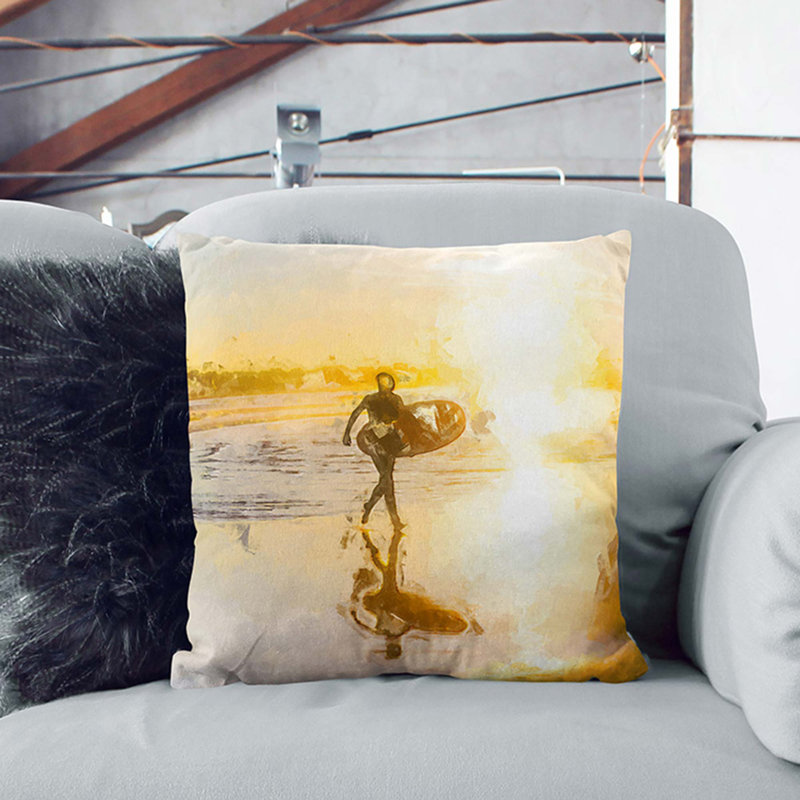 Surfer on a Spanish Beach Cushion with Filling, White, 40cm H x 40cm W x 15cm D