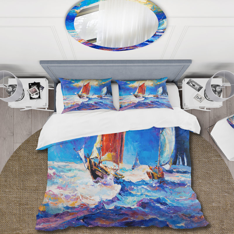 Voiliers sur les vagues de l'océan pendant le coucher du soleil - Ensemble de housse de couette nautique - Polyester en microfibre