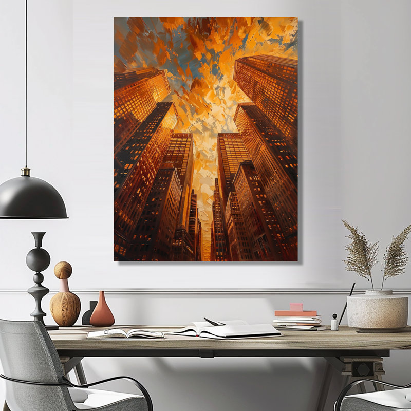«Golden Perspective», gratte-ciel symphonie I - art mural gratte-ciel, Toile tendue, H 12 po x l 20 po x P 1 po