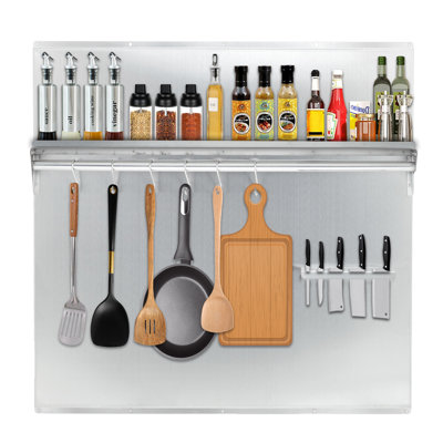 29.5x29.5 inch Stainless Steel Range Backsplash for Stove Hood, Wall Mount Kitchen Back Panel with Storage Shelf & Knife Rack