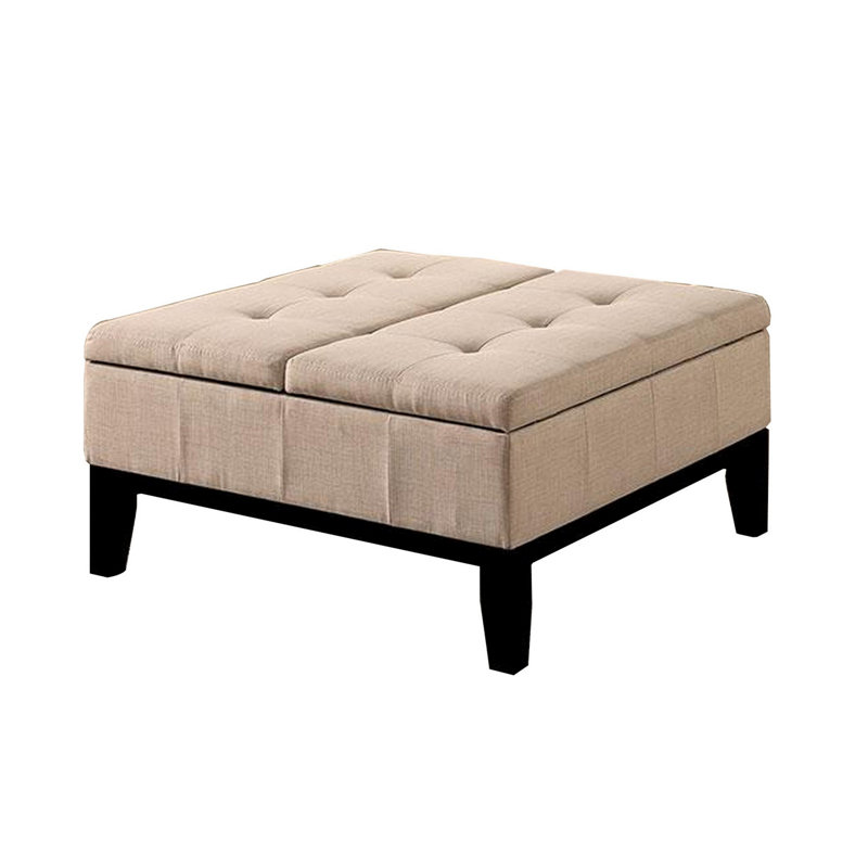 Rippley 36 Inch Ottoman, Split Storage Lid, Tufted Dark Gray Upholstery, Wood, Beige Fabric