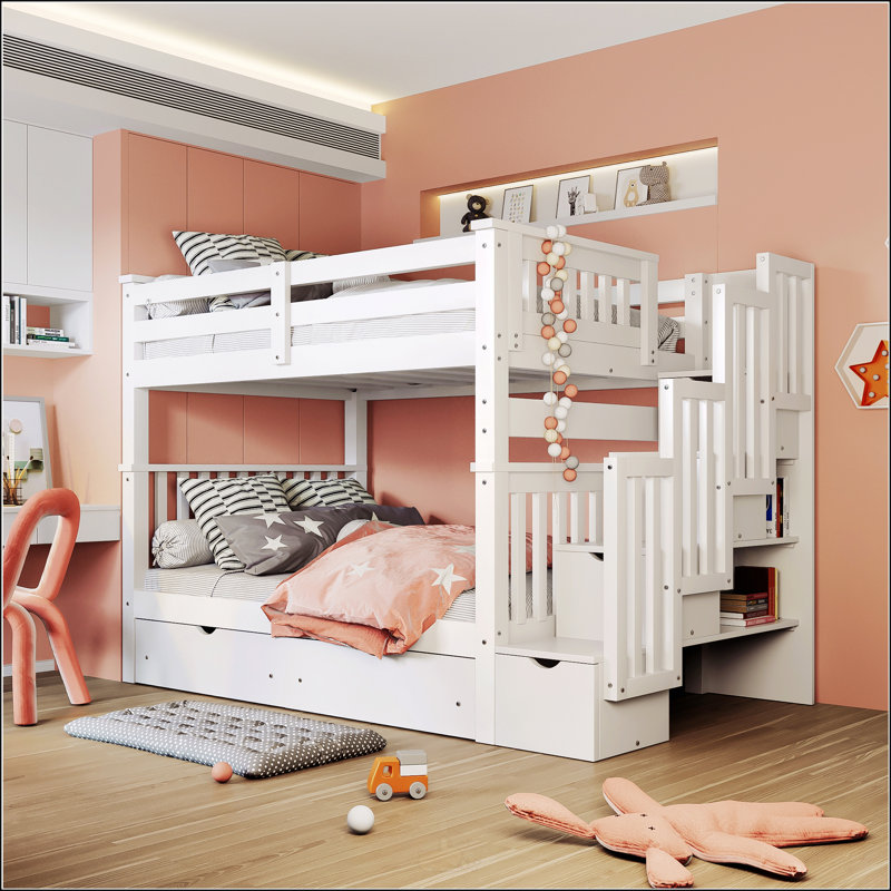 Lit superposé double au-dessus de double avec tablettes et 6 tiroirs de rangement, Blanc