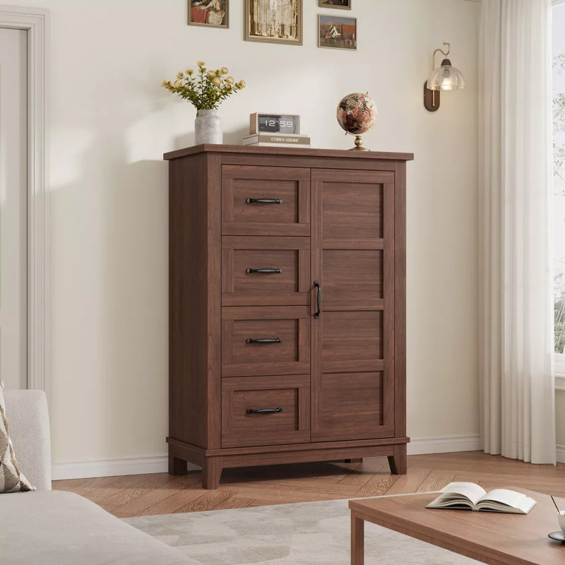 4 Dresser for Bedroom, 45.7" Tall Dresser with Door, Vertical Dresser with Storage, Freestanding Closet Dresser Chest for Bedroom, Walunt