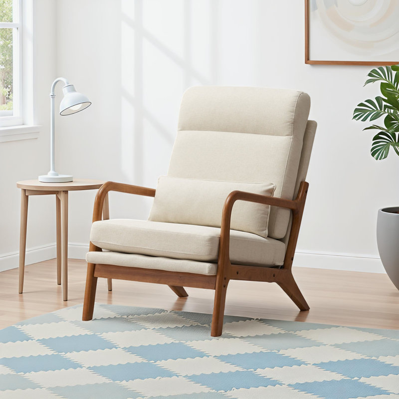 Lemley 25.6" Wide Armchair Solid Wood Accent Chair, Beige 100% Linen