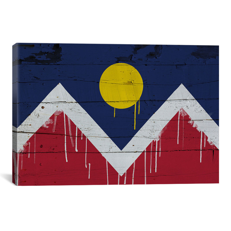 « denver flag », planches en bois avec peinture gouttes, impression sur toile, H 18 po x l 26 po x P 1,5 po, Toile tendue