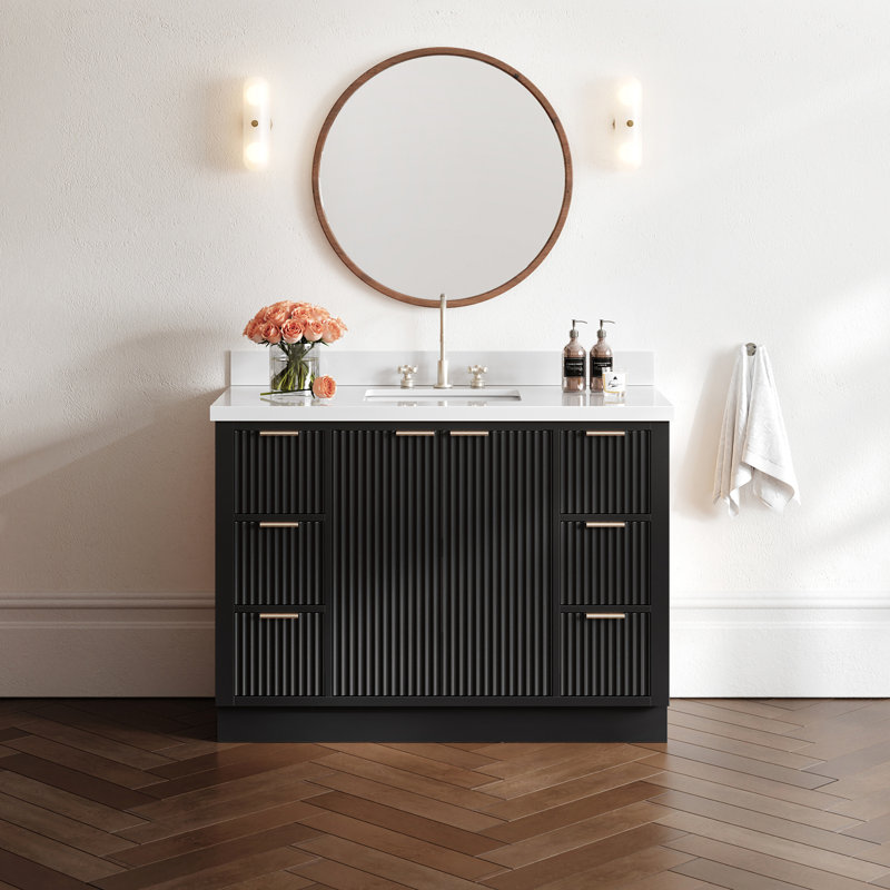 Meuble-lavabo simple en bois massif avec plateau en quartz 1,5 po Haun, Rectangulaire, Noir, noir, noir, noir, 49"