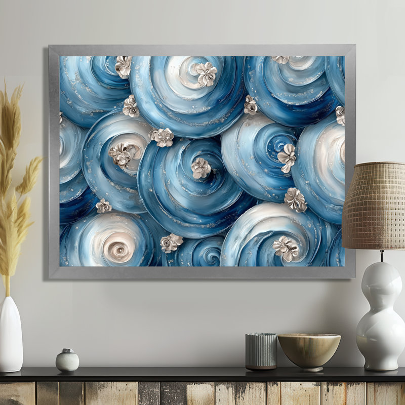 Céleste harmonie de motif côtier - art abstrait spirales murales, H 24 po x l 32 po, Cadre simple, Argent argent