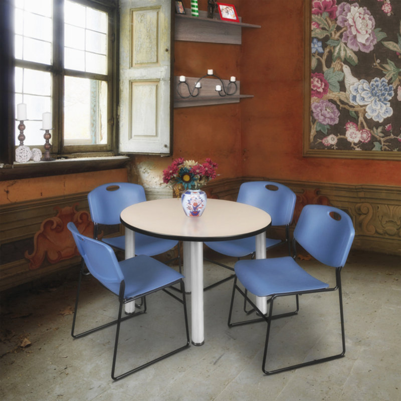 Kee Round Breakroom Table Top, 4 Zeng Stack Chairs, Maple/Black, Blue, 29" H x 36" W x 36" D