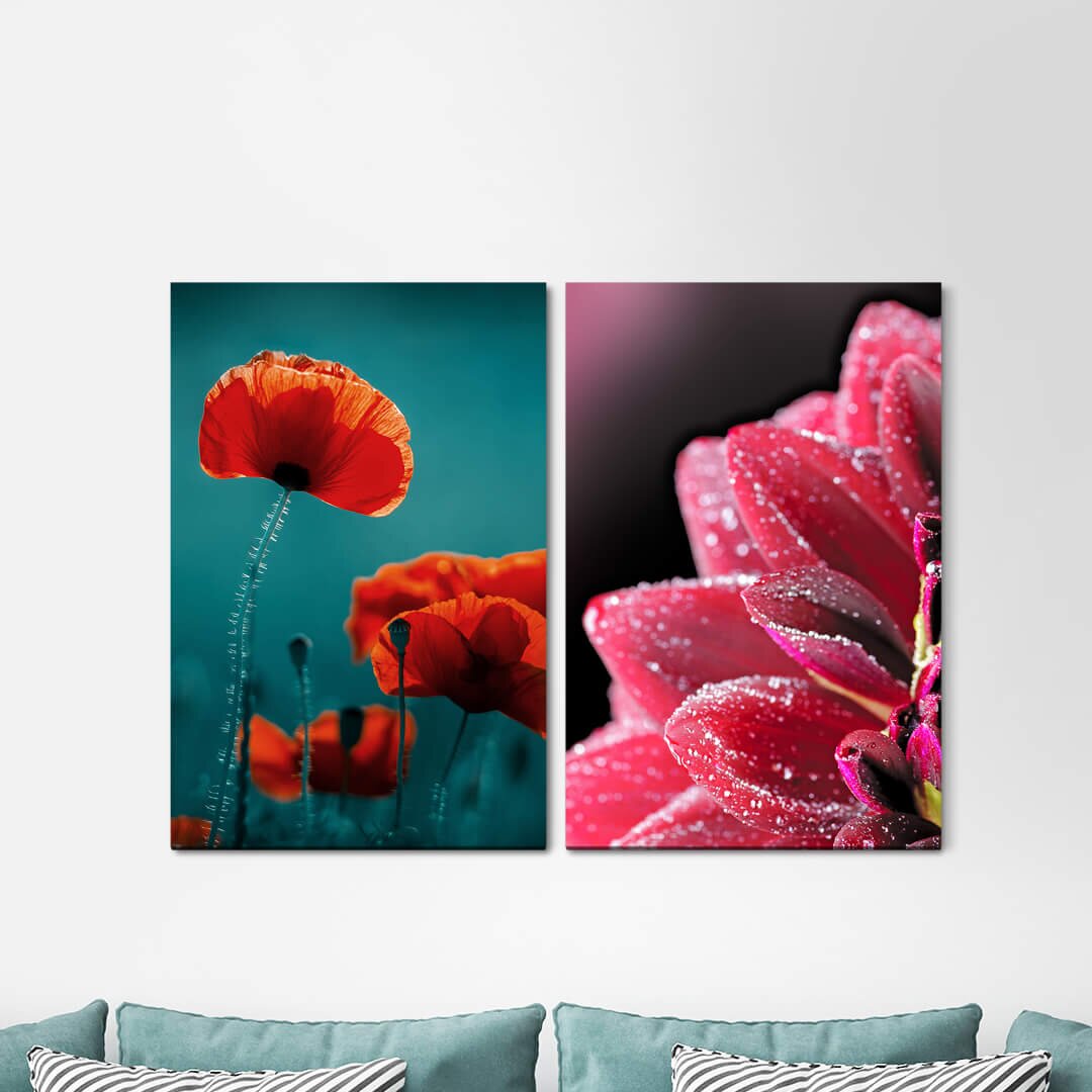 2-tlg. Leinwandbilder-Set - Fotografie „Poppy Red Green Blossoms Flowers Poppy”