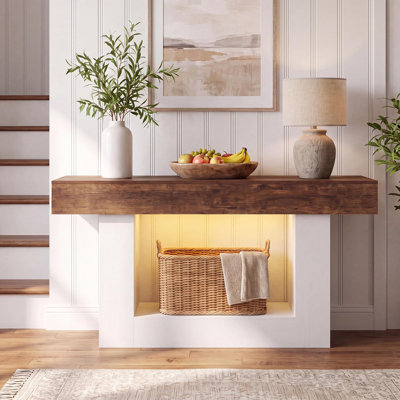 55 Inch Slim Farmhouse Console Table with Built-in Power Strip (2 Outlets + 2 USB), Motion-Detector LED Light, 2-Tier Storage Shelf, Narrow Hallway/Behind-Couch Sofa Table