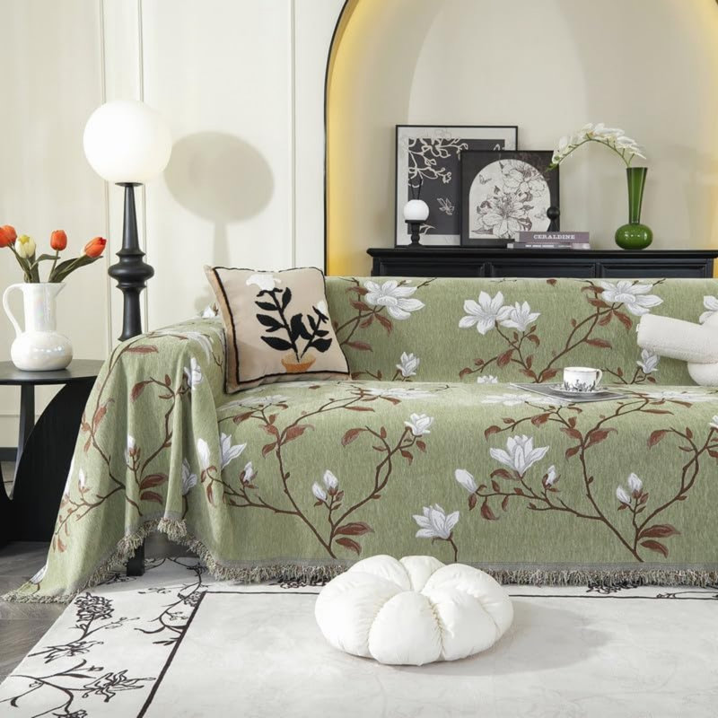 Cotton Box Cushion Sofa Slipcover, Green/Brown/White Floral